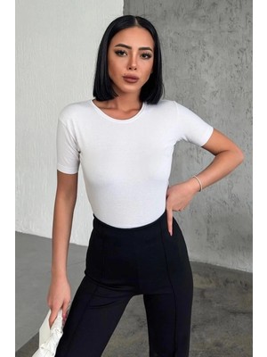 Hace Bazaar Rahat ve Şık Kısa Kollu Bisiklet Yaka Likralı Viskon Penye Body Beyaz