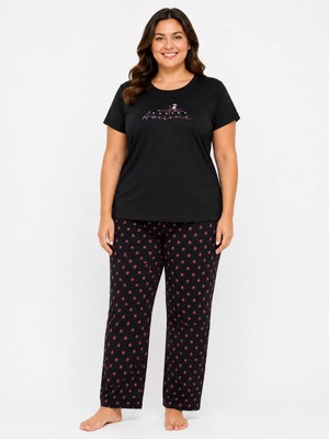 Sleeproom Büyük Beden Kadın Yazlık Kısa Kol Awesome Siyah Pijama Takımı