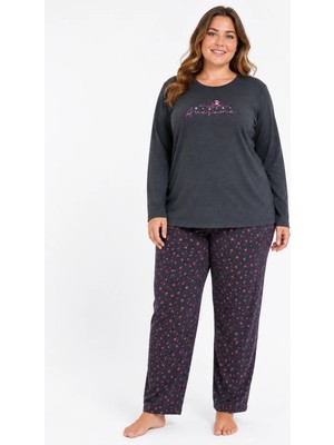 Sleeproom Büyük Beden Kadın Mevsimlik Uzun Kol Awesome Antrasit Pijama Takımı
