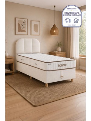 Niron Bohem Nms Klapa 90X190 cm Tek Kişilik Yatak Baza Başlık Seti - Nms Sert Ortopedik