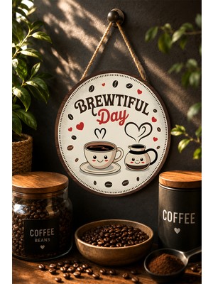 Mayeka Brewtiful Day Sevimli Kahve ve Cezve Desenli Yuvarlak Mdf Tablo