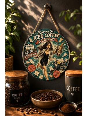Mayeka Running On Iced Coffee Delusion Komik Kahve Temalı Mdf Yuvarlak Duvar Dekoru
