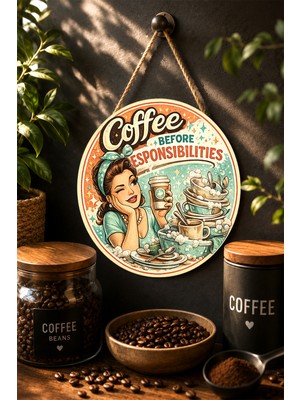 Mayeka Coffee Before Responsibilities Vintage Kadın Çizim Yuvarlak Mdf Tablo Kahve
