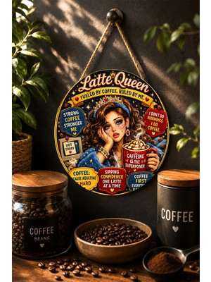 Mayeka Latte Queen Fueled By Coffee Retro Yuvarlak Mdf Tablo Kahve