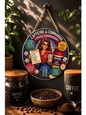 Mayeka Caffeine Commander Chaos Coordinator Retro Mdf Yuvarlak Duvar Panosu Kahve