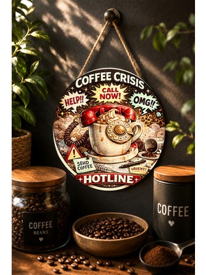 Mayeka Coffee Crisis Hotline Retro Telefon Temalı Yuvarlak Mdf Tablo Kahve