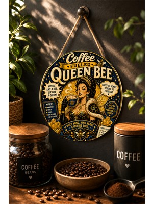 Mayeka Coffee Fueled Queen Bee Retro Kadın Kahve Temalı Mdf Yuvarlak Duvar Dekoru