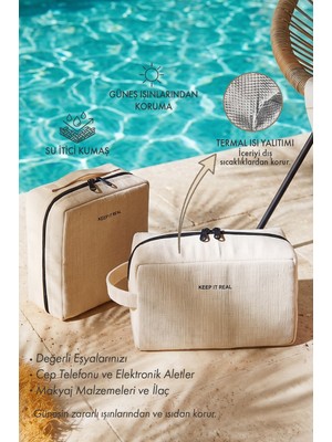 Ocean Home Textile 2'li Termal Astarlı Su Itici Leke Tutmaz Jüt Keten Makyaj Çantası Seti 25 x 15 x 12.5 / 20 x 21 x 11 cm