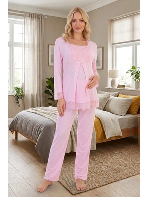 Lohussa Yeni Sezon Pembe Dantelli Düğme Detaylı Özel Tasarım Uzun Kol %100 Pamuk Hamile Lohusa Pijama Takımı
