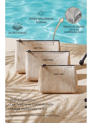 Ocean Home Textile 3'lü Termal Astarlı Su Itici Leke Tutmaz Jüt Keten Makyaj Çantası Seti 15 x 11 x 6 / 19 x 13 x 7 / 23 x 16 x 7 cm