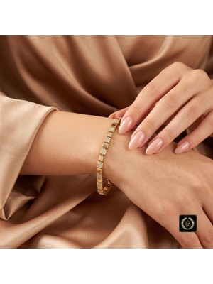 cm Jewelry Vıp Seri 316L Çelik 14K Gold Renk Taşlı ve Sade Kare Bakla Bileklik 19 cm
