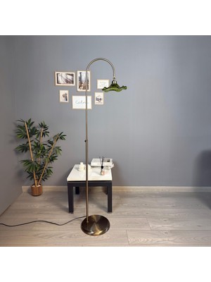 Bamyum Flora Yeşil Cam Lambader Modern Dekoratif Metal Oturma Odası Zemin Lambası