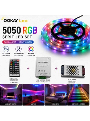 Ookay Led 5050 Iç Mekan Rgb 5 Metrelik Trafo ve Kumandası Birlikte
