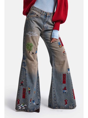 It's Basic Kadın Koyu Kot 2W6-85 Loose Flare Fit Nakış Detaylı Özel Tsarım Denim Jean