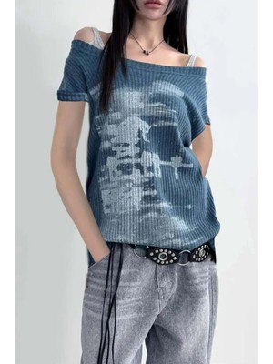8line Indigo Vintage Lost Omuz Dekolteli Kısa Kol T-Shirt
