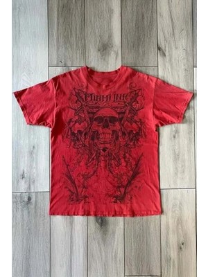 8line Kırmızı Miami Ink Vintage Skull Gotik Y2K Unisex T-Shirt