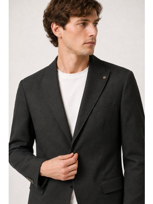 Bihan Store Erkek Kendinden Dokulu Sivri Yaka Tek Düğmeli Klasik Blazer 6 Drop Ceket 1993-01-SIYAH