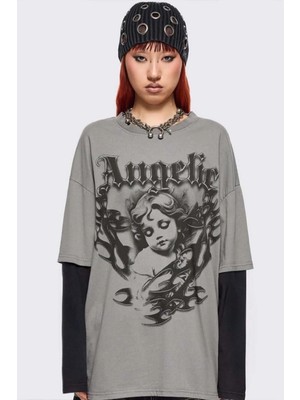 8line Füme Gotik Angelic Harajuku Siyah Kollu Y2K Uzun Kollu T-Shirt