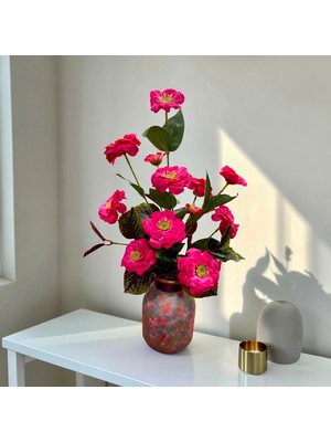 Sedosh Home Vision El Boyama Butik Vazoda Fuşya Yapay Çiçek Aranjmanı H:50 cm Çap 25 cm - Pembe Gold Mavi Dekoratif Vazo