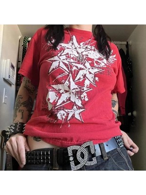 8line Kırmızı Cyber Grunge Vintage Star T-Shirt