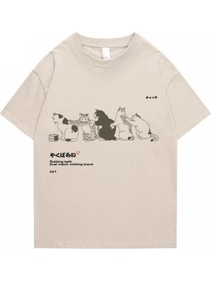 8line Rubbing Bath Cats Bej (Unisex) T-Shirt