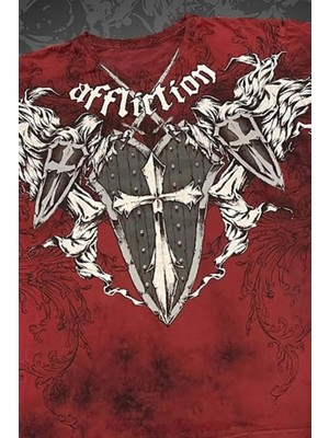 8line Kırmızı Yıkamalı Affliction Shield Sword Gotik Y2K Unisex T-Shirt