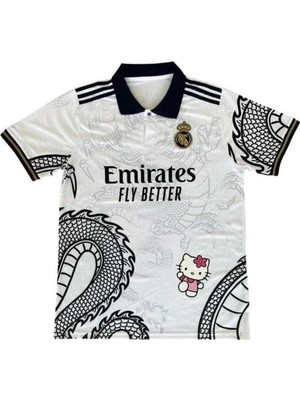 8line Beyaz Kitty Madrid Dragon Jersey Siyah Düğmeli Yaka T-Shirt