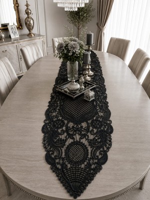 Lena Maison Saray Siyah Tül Üzerine Nakış Işlemeli Battal Boy Runner 135 CMX45 cm