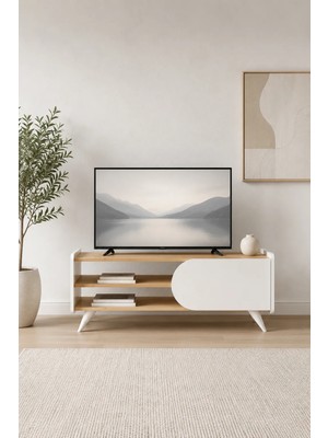 Arnetti Hendy 120 cm Kapaklı Raflı TV Ünitesi ve TV Sehpası – Safir Meşe Beyaz