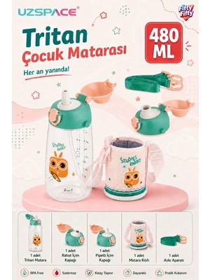 Uzspace 480ML Kılıflı Iki Ayrı Kapaklı Pipetli/pipetsiz Taşıma Askılı Tritan Çocuk Su Matarası