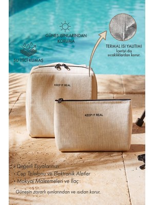 Ocean Home Textile 2'li Termal Astarlı Su Itici Leke Tutmaz Jüt Keten Makyaj Çantası Seti 19 x 13 x 7 / 20 x 21 x 11 cm