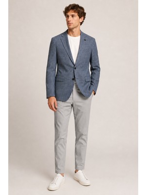 Bihan Store Erkek Kırçıllı Dokulu Mono Yaka Iki Düğmeli Blazer Tek Ceket 6 Drop 11952-MAVI