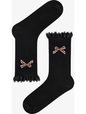 Penti Siyah Leopar Bowtie Pamuklu Soket Çorap