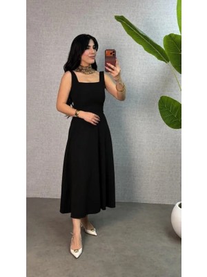 Mareandpanda Kadın Askılı Kare Yakalı Bel Arkasından Bağlama Detaylı Uzun Yerli Krep Elbise