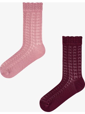 Penti Pembe Bordo Silky Colosio Ajur Desenli Pamuklu 2 Çift Soket Çorap