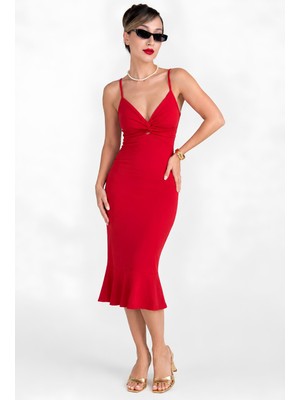 Moviment Kadın Kırmızı Bodycon Midi Elbise | Ince Askılı V Yaka | Cut Out Dekolte Detaylı Volanlı Etek | Scuba Krep Örme Kumaş | Vücuda Oturan Şık Davet Gece Ö