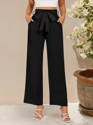 Mareandpanda Kadın Yüksek Bel Lastikli Bağcıklı Uzun Geniş Kesim Detaylı Krinkıl Pantolon
