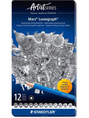 Staedtler 100 G12 Mars Lumograph Kurşun Kalem 12'li Metal Kutuda 8b, 7b, 6b, 5b, 4b, 3b, 2b, B, Hb,