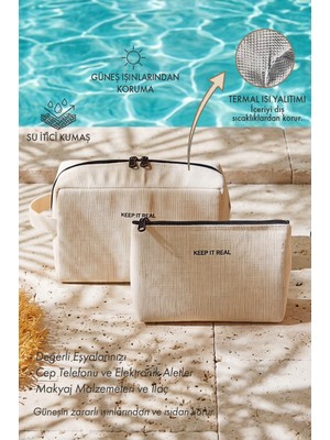 Ocean Home Textile 2'li Termal Astarlı Su Itici Leke Tutmaz Jüt Keten Makyaj Çantası Seti 19 x 13 x 7 / 25 x 15 x 12.5 cm