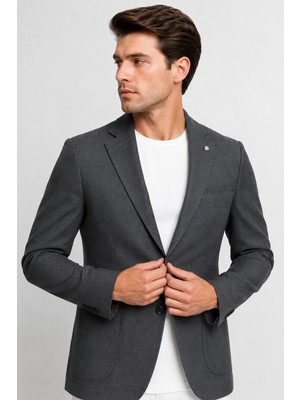 Sabri Özel Erkek Dokulu Yarım Astar Esnek Blazer Tek Ceket 12010-KOYU Gri