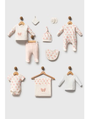 H HONEY BABY %100 Organik Pamuk Cute Butterfly Kız Bebek Nakışlı Lüx 10 Parça Hastane Çıkış Seti