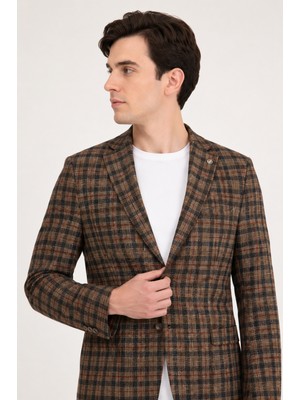 Sabri Özel Erkek Kareli Desen Iki Düğmeli Yarım Astar Smart-Casual Tek Ceket 6 Drop 12014-KAHVE