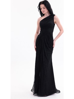 Bdm Exclusive Dantel Drape Detaylı Tek Omuz Yırtmaçlı Premium Abiye Elbise