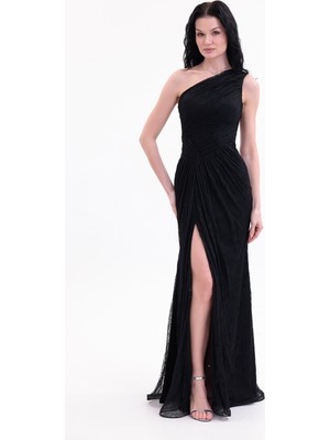 Bdm Exclusive Dantel Drape Detaylı Tek Omuz Yırtmaçlı Premium Abiye Elbise