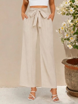 Lune Store Kadın Yüksek Bel Lastikli Bağcıklı Uzun Geniş Kesim Detaylı Krinkıl Pantolon