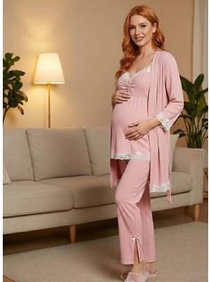 Lohussa Yeni Sezon Pembe Ribana Askılı Dantelli Yazlık Lohusa Hamile Sabahlık Şort Pijama Takımı 4'lü Set