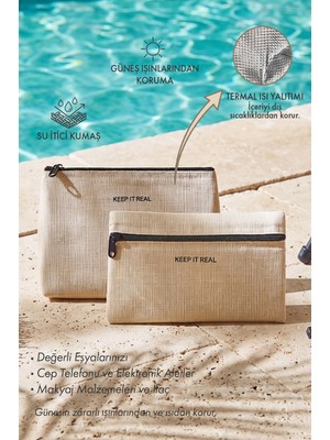 Ocean Home Textile 2'li Termal Astarlı Su Itici Leke Tutmaz Jüt Keten Makyaj Çantası Seti 19 x 13 x 7 / 23 x 16 x 7 cm