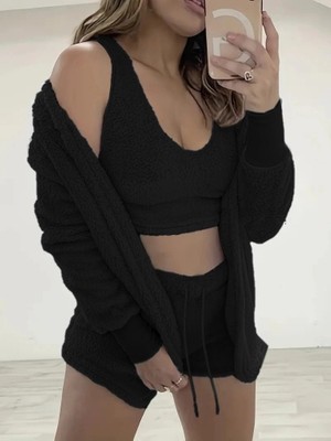 Lune Store Kadın Uzun Kollu Ceket, Askılı Peluş Bluz ve Şort Üçlü Takım