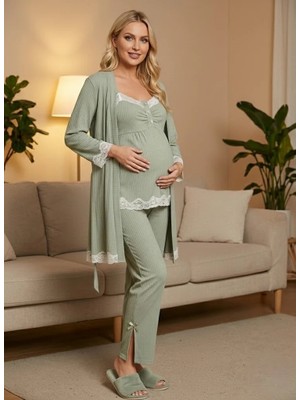 Lohussa Yeni Sezon Yeşil Ribana Askılı Dantelli Yazlık Lohusa Hamile Sabahlık Şort Pijama Takımı 4'lü Set