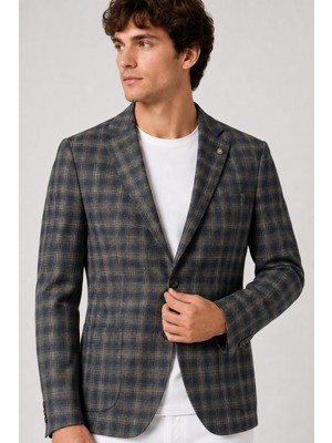 Sabri Özel Erkek Kareli Desen Iki Düğmeli Yarım Astar Smart-Casual Tek Ceket 6 Drop 12014-YEŞIL